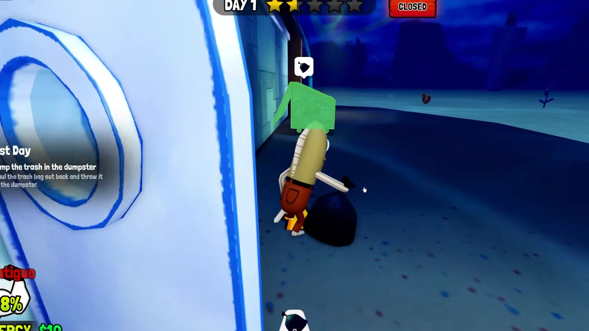 A player carries a trash bag outside after the Krusty Krab closes, while the nightly trash task remains on screen.