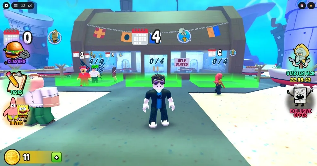 Players queue on green matchmaking pads outside the Krusty Krab, with the Classes and Tasks buttons visible.